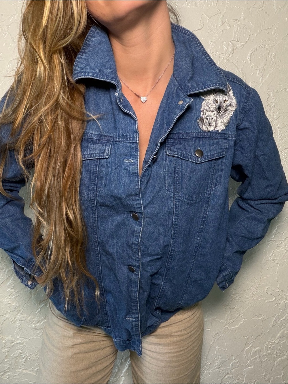 The Bradford Exchange Blue Denim Button-Down Jacket with Embroidered Wolf